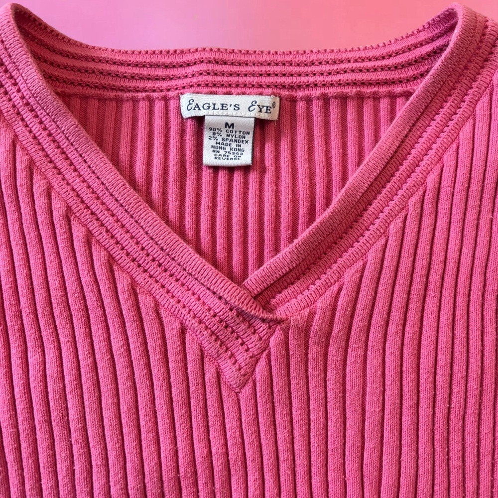 Y2K 2000s Eagle’s Eye Pink Coquette V-Neck Ribbed Sweater Knit Top - Medium - Picture 13 of 16
